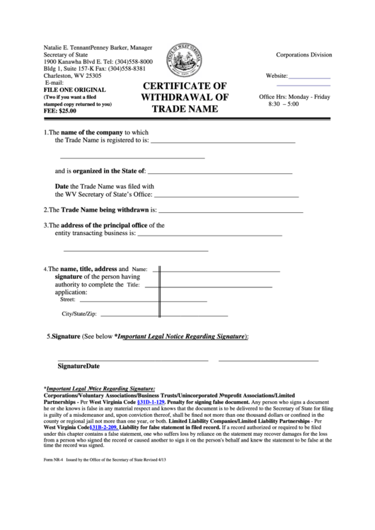 Fillable Form Nr-4 - Certificate Of Withdrawal Of Trade Name 2013 Printable pdf
