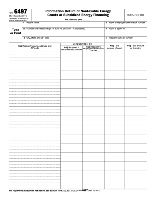Fillable Form 6497 - Information Return Of Nontaxable Energy Grants Or Subsidized Energy Financing Form Printable pdf