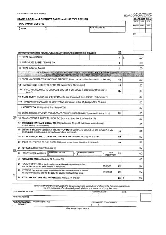 Form Boe-401-Gs - State, Local And District Sales And Use Tax Return Printable pdf
