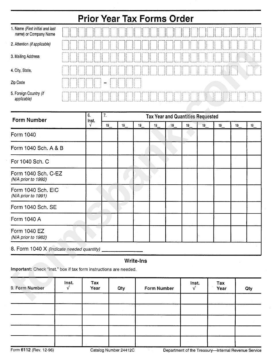 Form 6112 - 1998 - Prior Year Tax Forms Order - Department Of The Treasury - Internal Revenue Service