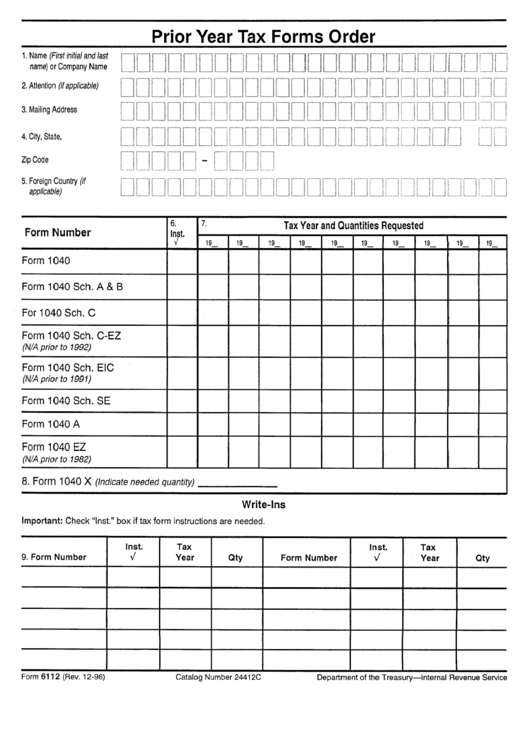 Form 6112 - 1998 - Prior Year Tax Forms Order - Department Of The Treasury - Internal Revenue Service Printable pdf