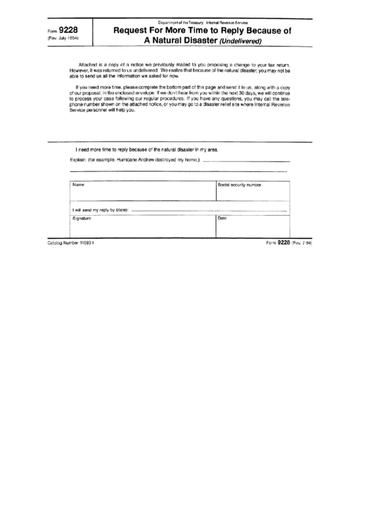 Form 9228 - Request For More Time To Reply Because Of A Natural Disaster Form Printable pdf