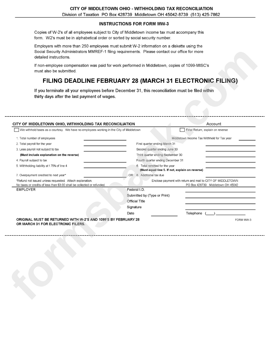 Form Mw-3 - Withholding Tax Reconciliation - City Of Middletown