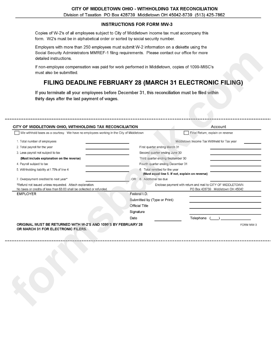 Form Mw 3 Withholding Tax Reconciliation City Of Middletown Printable Pdf Download