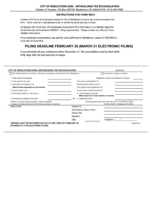 Form Mw-3 - Withholding Tax Reconciliation - City Of Middletown Printable pdf