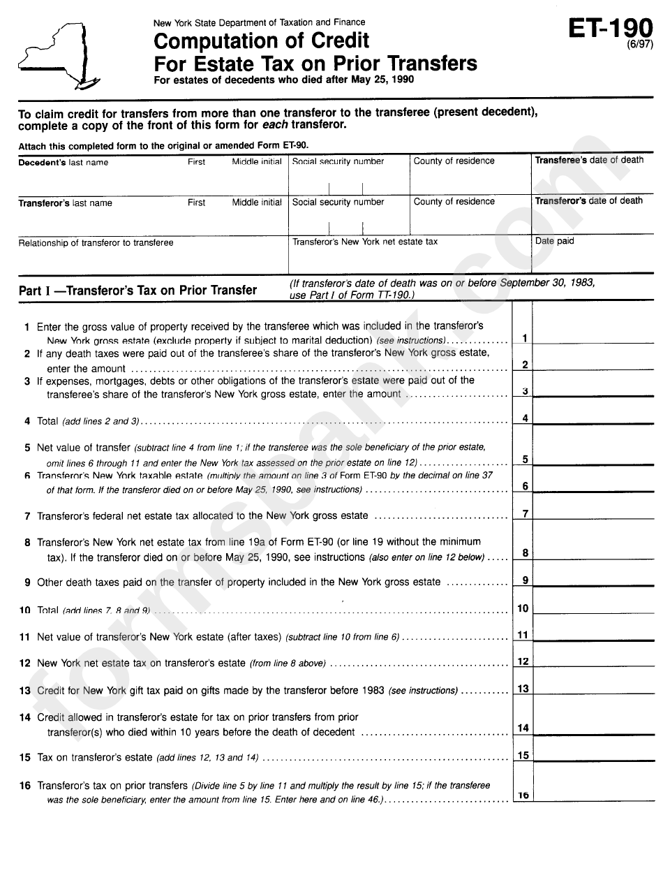 Form Et-190 - Computation Of Credit For Estate Tax On Prior Transfers Form