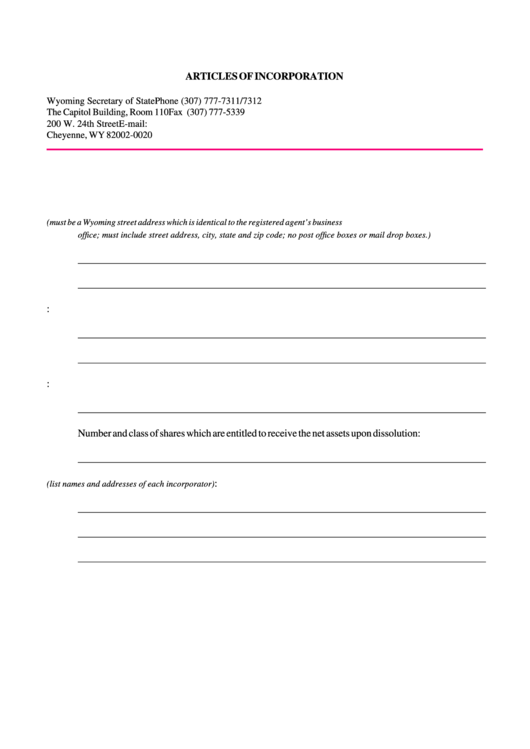 Fillable Articles Of Incorporation Form - 2007 Printable pdf