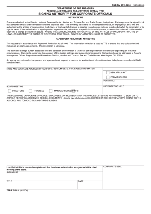Form Ttb F 5100.1 - Signing Authority For Corporate Officials Printable pdf