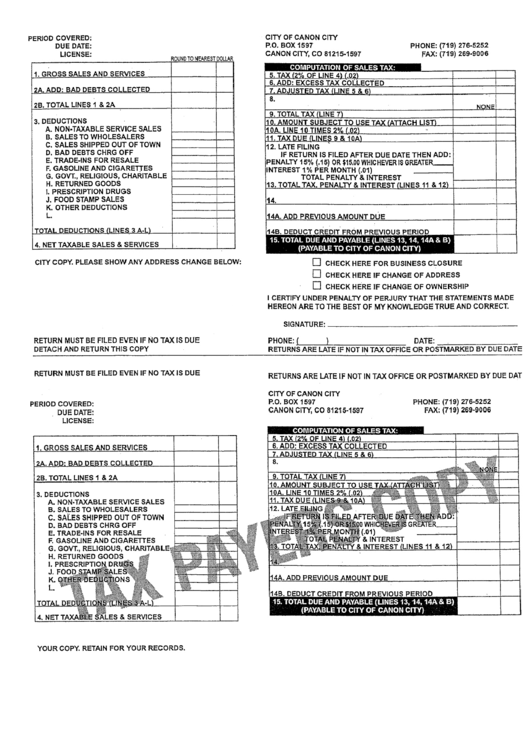 Sales Taxes Return Form - City Of Canon City Printable pdf