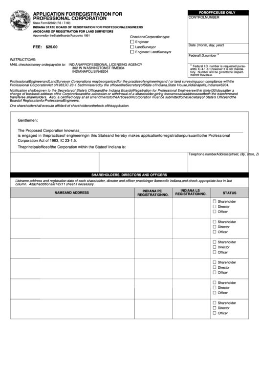 Fillable State Form 32662 - Application For Registration For Professional Corporation Printable pdf