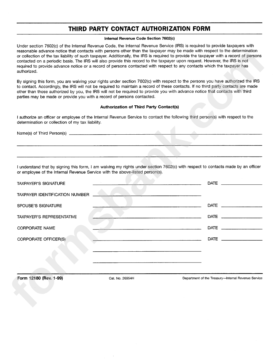 Form 12180 - Third Party Contact Authorization Form