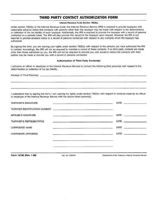 Form 12180 - Third Party Contact Authorization Form Printable pdf