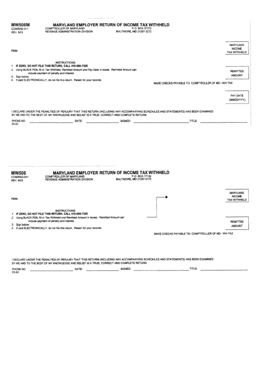 Form Mw506m Maryland Employer Return Of Tax Withheld printable