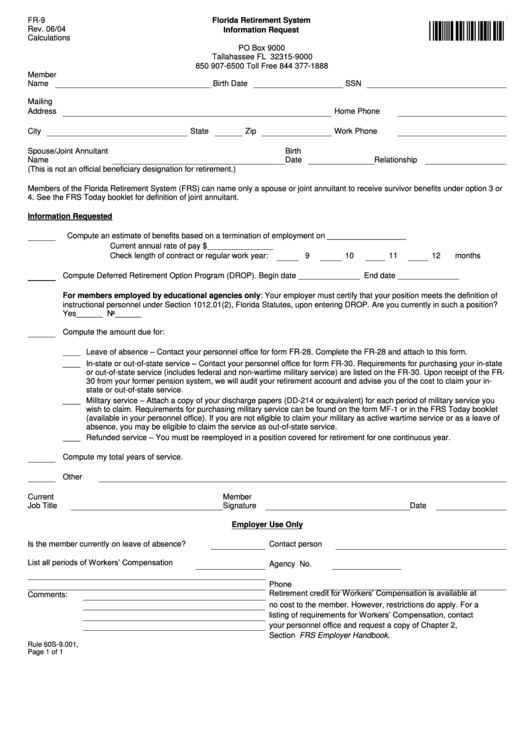 Fillable Form Fr-9 - Retirement System Information Request Printable pdf