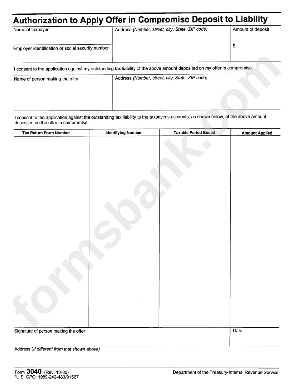 Form 3040 - 1980 - Authorization To Apply Offer In Compromise Deposite To Liability - Department Of The Treasuary - Internal Revenue Service