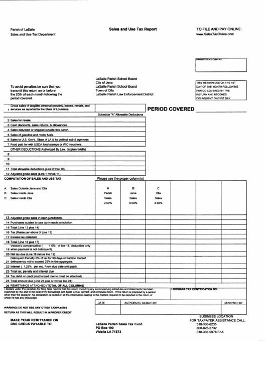 Sales And Use Tax Report Form - Parish Of Lasalle Printable pdf