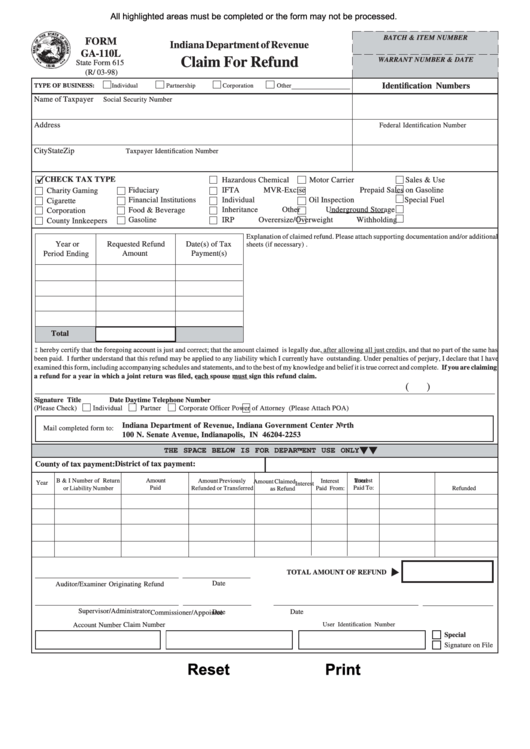 Fillable Form Ga-110l - Claim For Refund Form Printable pdf