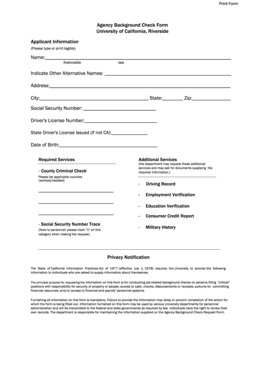 Fillable Agency Background Check Form Printable pdf