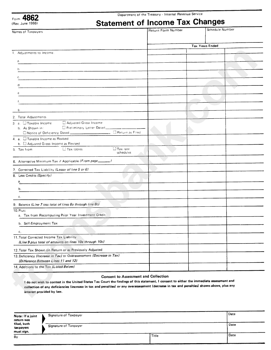 Fillable Form 4862 - Statement Of Income Tax Changes Form ...
