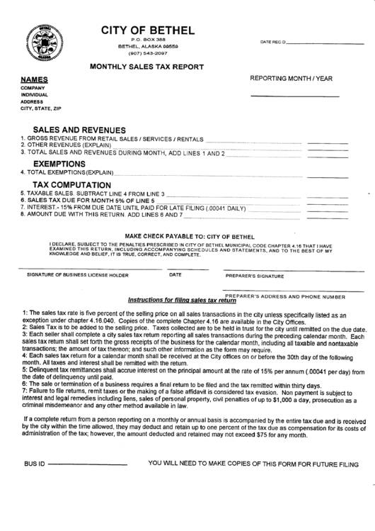 Monthly Sales Tax Report Form - City Of Bethel Printable pdf