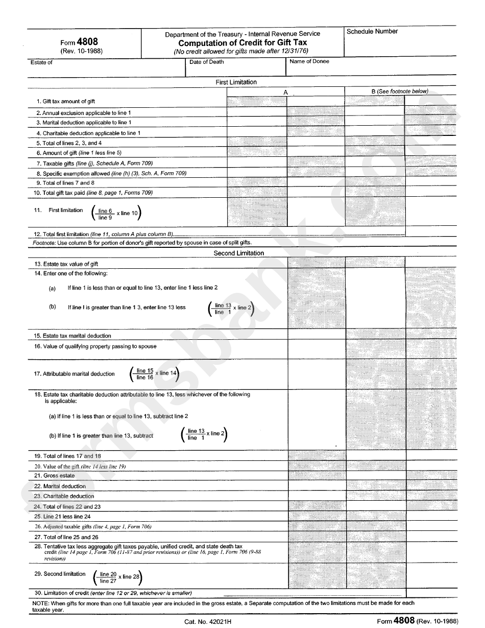 Form 4808 - Computation Of Credit For Gift Tax Form