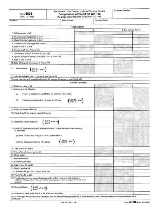 Form 4808 - Computation Of Credit For Gift Tax Form Printable pdf