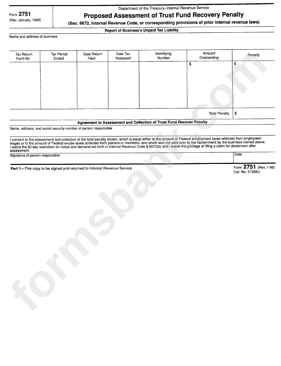 Form 2751 - Proposed Assessment Of Trust Fund Recovery Penalty