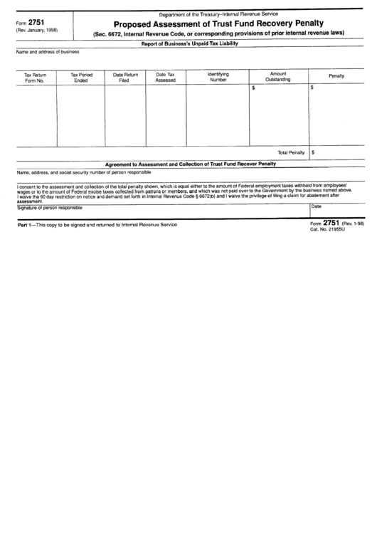 Form 2751 - Proposed Assessment Of Trust Fund Recovery Penalty Printable pdf