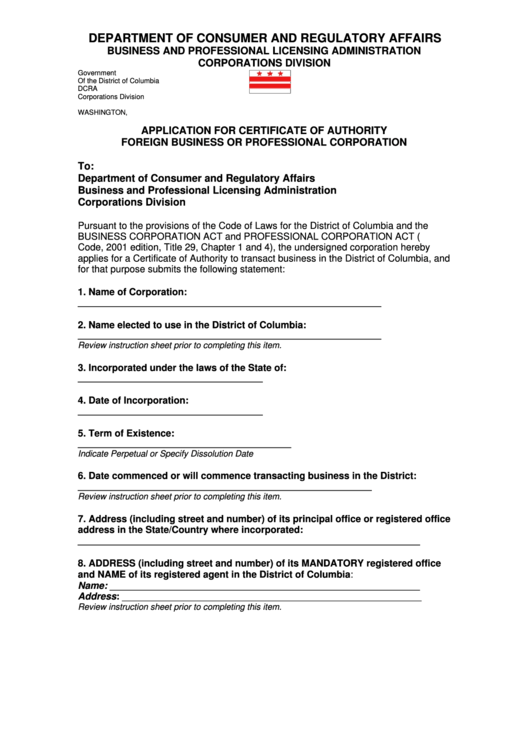 Application For Certificate Of Authority Foreign Business Or Professional Corporation Printable pdf