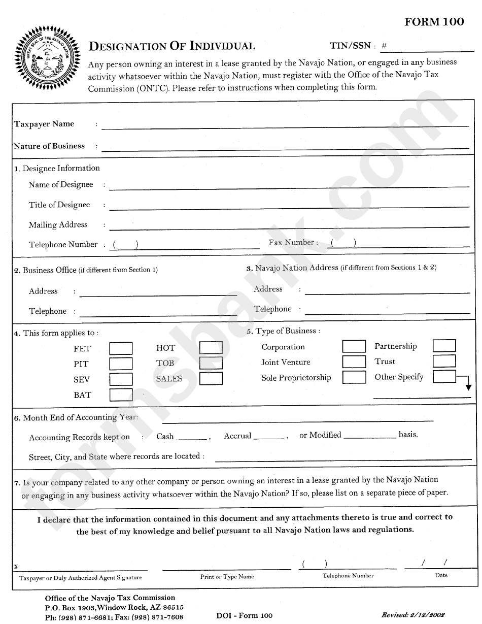 Form 100 Designation Of Individual The Navajo Nation printable pdf