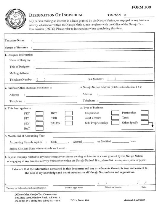 Form 100- Designation Of Individual - The Navajo Nation Printable pdf