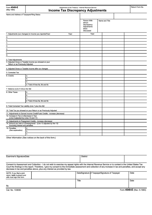 Fillable Form 4549-E - Income Tax Discrepancy Adjustments Form Printable pdf