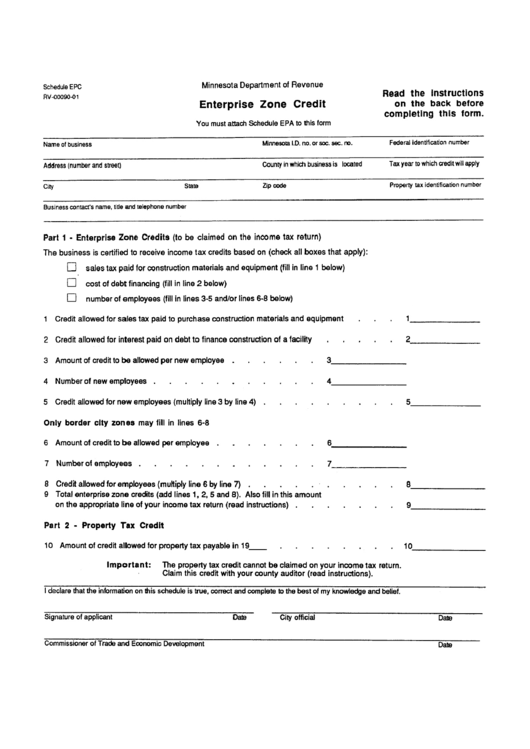 Schedule Epc Form - Enterprise Zone Credit Form Printable pdf