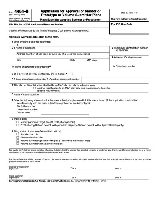 Form 4461-B - Application For Approval Of Master Or Prototype Or Volume Submitter Plans Form Printable pdf