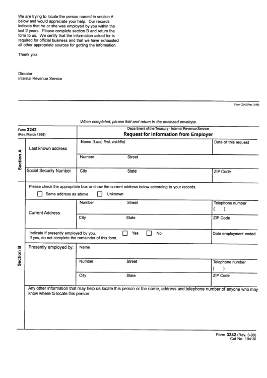 Form 3242 - Request For Information From Employer Printable pdf