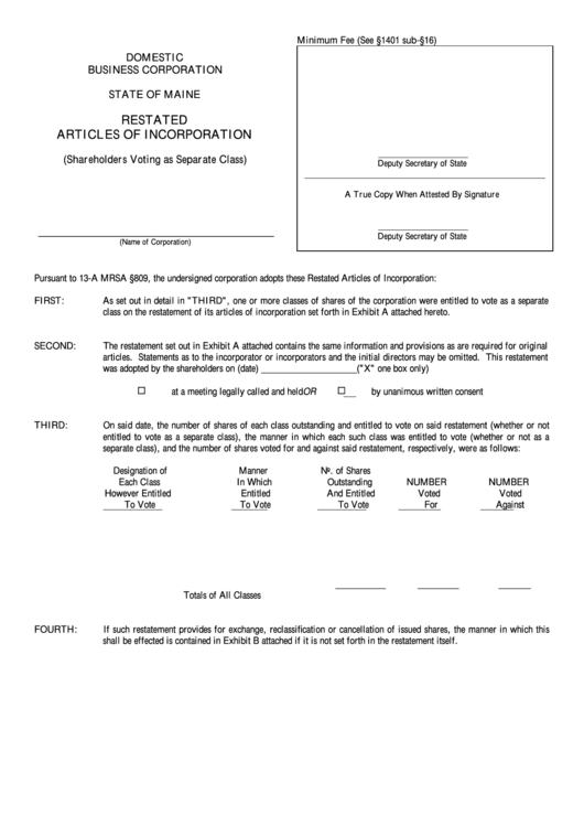 Fillable Form Mbca-6b - Restated Articles Of Incorporation Printable pdf
