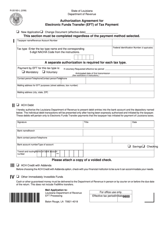 Fillable Form R-20193-L - Authorization Agreement For Electronic Funds Transfer (Eft) Of Tax Payment Form 1999 Printable pdf
