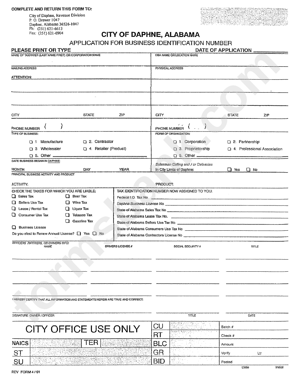 Application For Business Identification Number Form