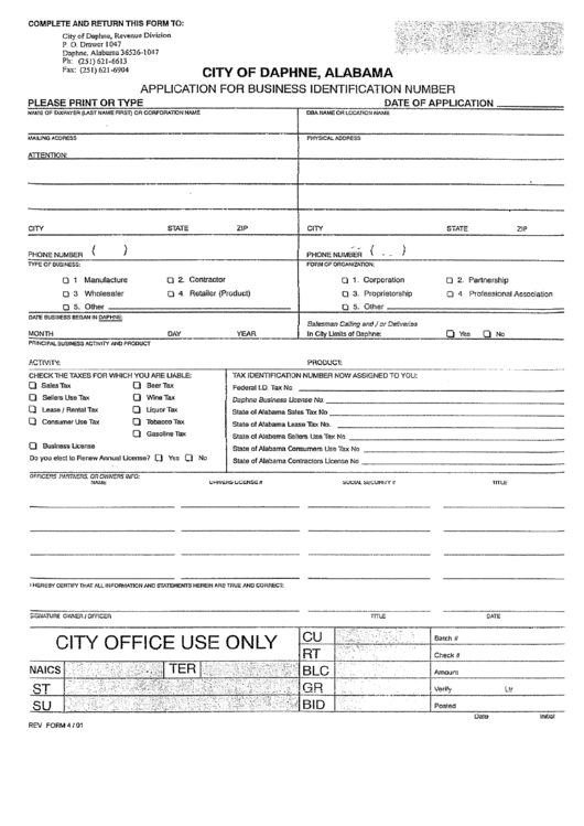 Application For Business Identification Number Form Printable pdf