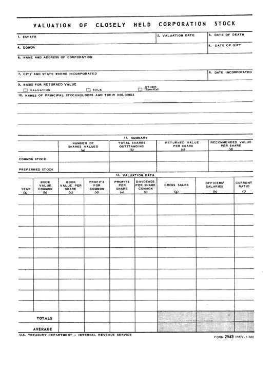 Form 2543 - Valuation Of Closely Held Corporation Stock Printable pdf