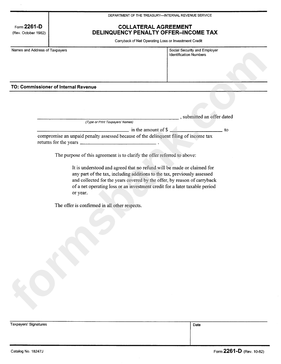 Form 2261-D - Collateral Agreement Delinquency Penalty Offer-Income Tax