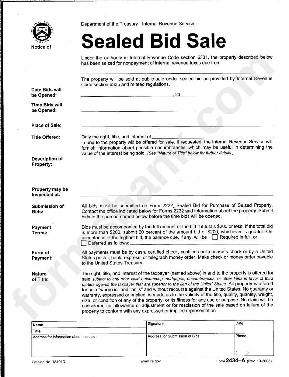 Form 2434-A - Sealed Bid Sale Form