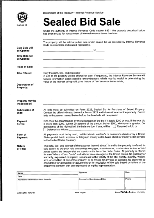 Form 2434-A - Sealed Bid Sale Form Printable pdf