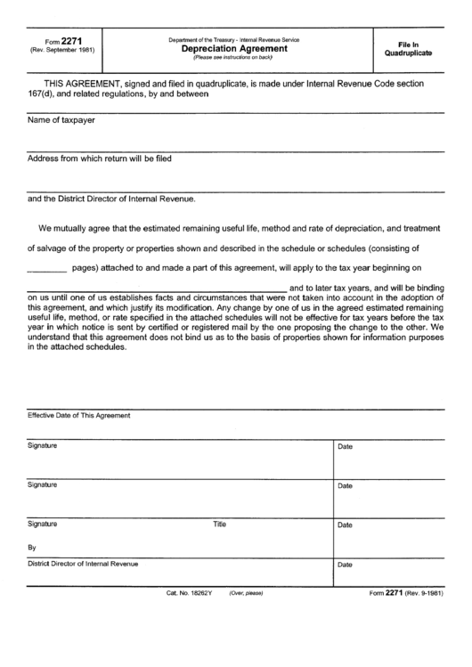 Form 2271 - Depraciation Agreement Printable pdf