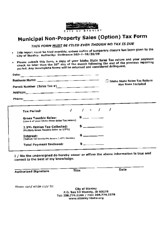 Municipal Non-Property Sales (Option) Tax Form Printable pdf