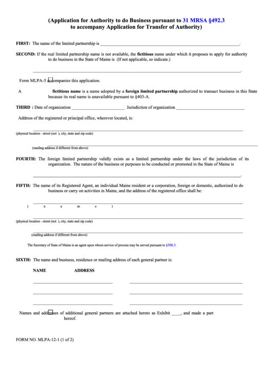 Fillable Form Mlpa-12-1 - Application For Authority To Do Business Pursuant To 31 Mrsa To Accompany Application For Transfer Of Authority Printable pdf