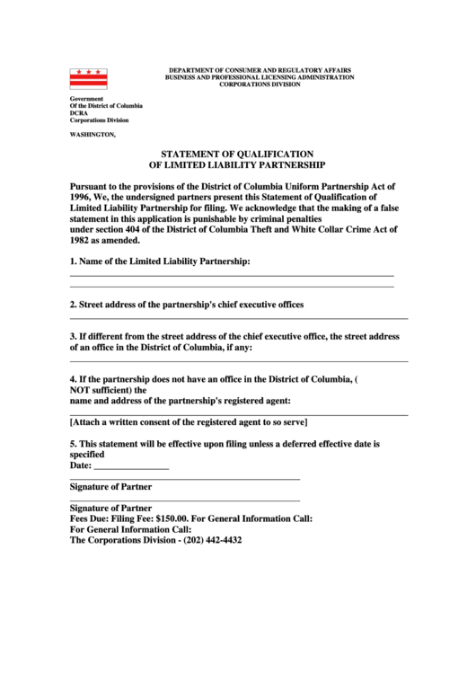 Statement Of Qualification Of Limited Liability Partnership Form - Government Of The District Of Columbia Printable pdf