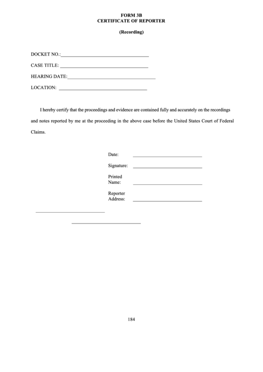 Form 3b - Certificate Of Reporter Form Printable pdf