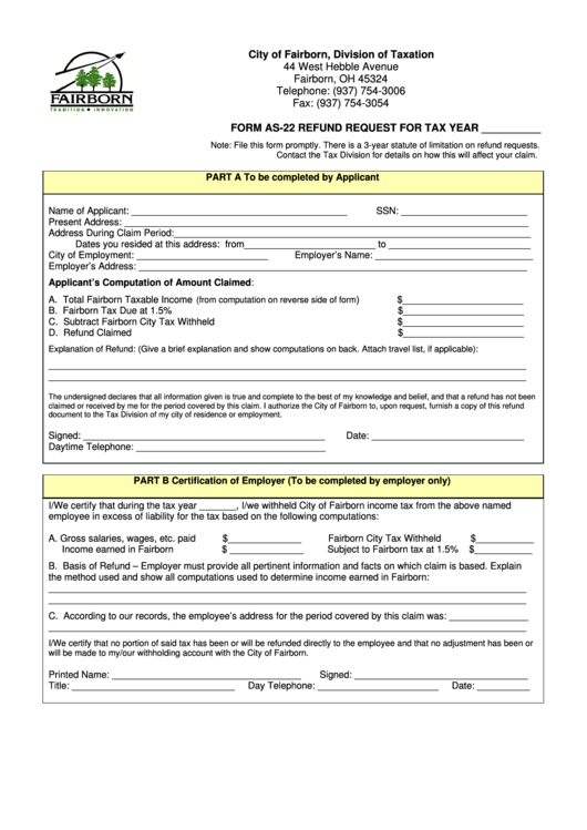 Form As-22 - Refund Request For Tax Year Printable pdf