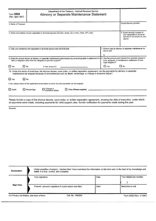 Form 3559 - Alimony Or Separate Maintenance Statement Printable pdf